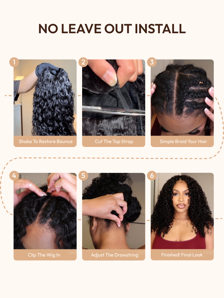 The UNice InvisiBlend V part Jerry Curly& Kinky Curly Wig Invisi Drawstring Human Hair image highlights NOLEAVEOUTINSTALL, Shake To Restore Bounce, Cut TheTopStrap.
