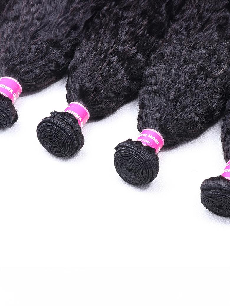 The UNice 4Pcs Kinky Straight Remy Human Hair Bundles product image shows a bunch of hair and kinky straight texture, straight texture, bundle fullness.