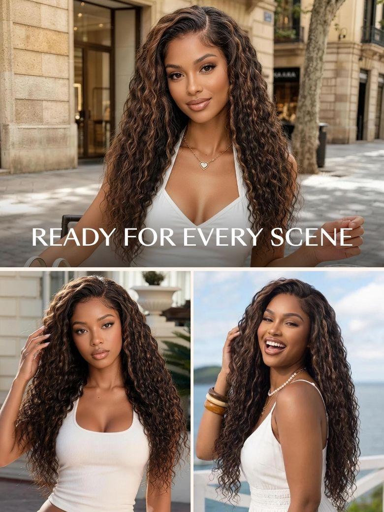 UNice 7x5 Bye-Bye Slip™ Lace 100% Human Hair Water Wave Wig with Golden Brown Highlights Glueless Summer-Ready