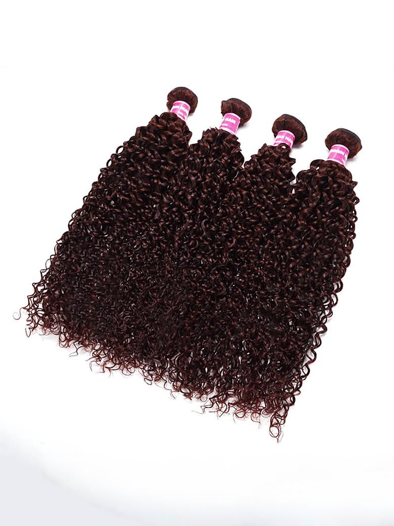 The UNice Vibrant Reddish Brown Jerry Curl 4Pcs 100% Remy Human Hair Bundles Deal visual image position 3 shows brazilian curly hair bundles | jerry curl texture.