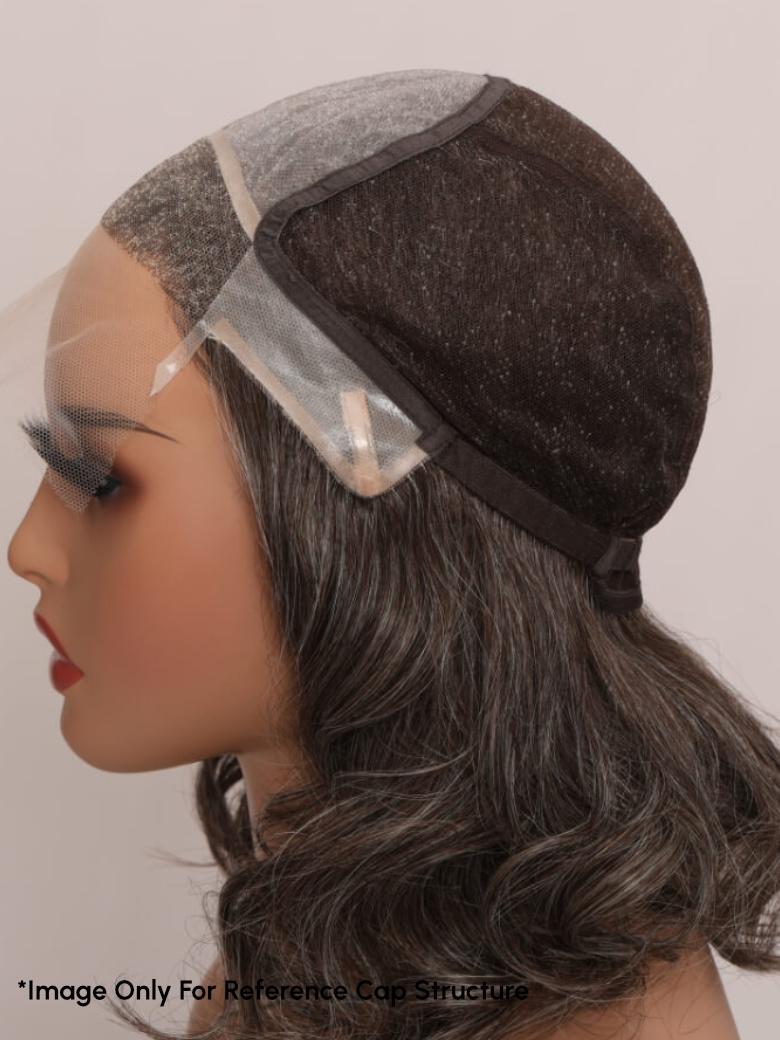 The UNice SLOANNE- 12" MONO & SWISS LACE BODY WAVE HUMAN HAIR WIG image highlights *Image Only For Reference Cap Structure, a manne with a black and white hat and body.