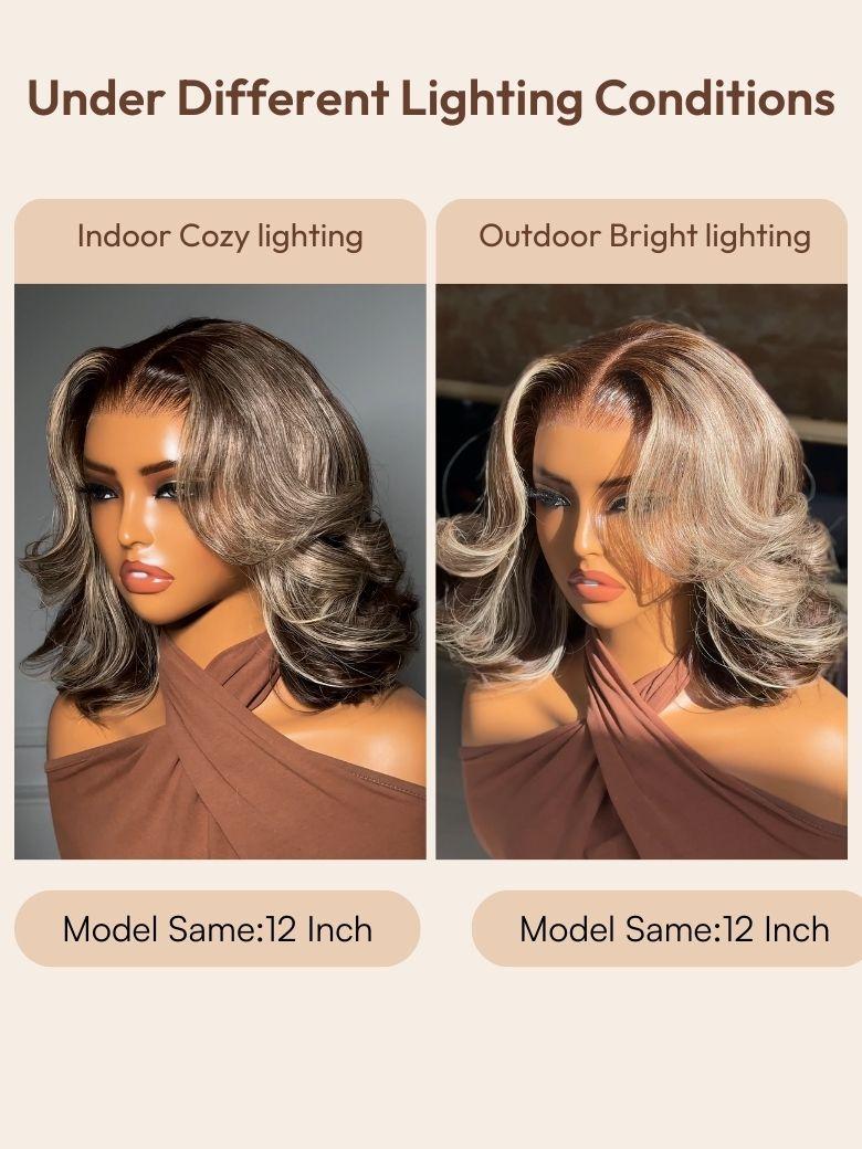 A model displays the UNice With Drawstring UNice 13x4 Pre-Everything Pre-Cut Lace Frontal Dark Brown with, showing a model with long hair and a brown top and highlight.