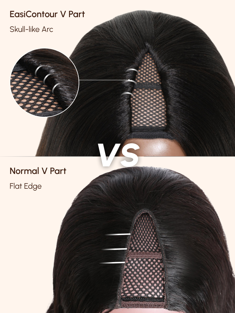 A model displays the UNice EasiContour Glueless V Part Minimal Leave Out Curly Wig Adjustable Cap, showing a model with a hair brush and a hair comb and curly texture.