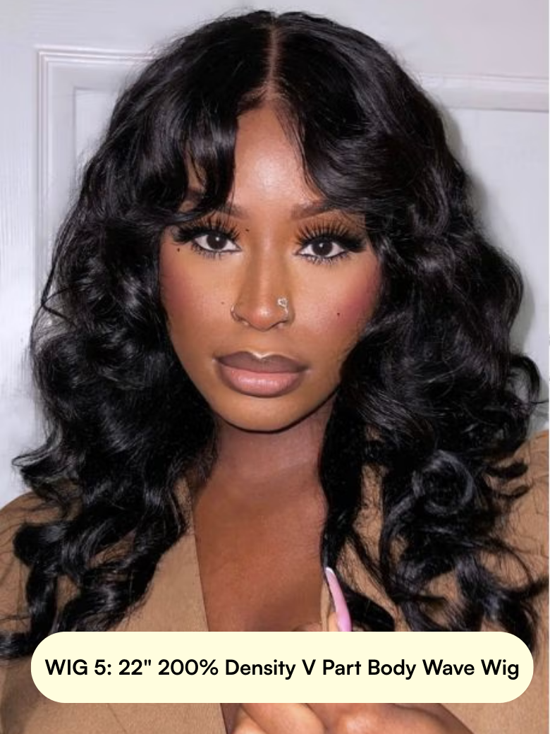 A model displays the UNice 22-28 Inch High-Density (200%+) Humanl Hair Wig, showing a model with long black hair and a brown jacket.