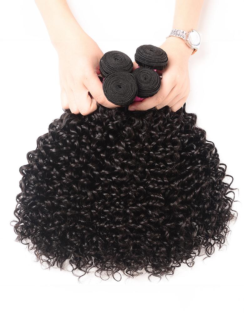A model displays the UNice Hair 3 Bundles Peruvian Jerry Curly Human Hair Weave VIP Exclusive, showing a woman holding a pile of curly hair and jerry curl texture, curly.