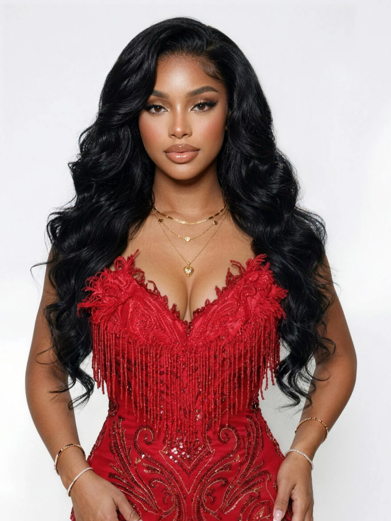 A model displays the UNice 13x4 Pre-Everything Wig With Face-Framing Layers And Side-Swept Bangs With, showing nicka brown - the voice and 13x4, drawstring fit.