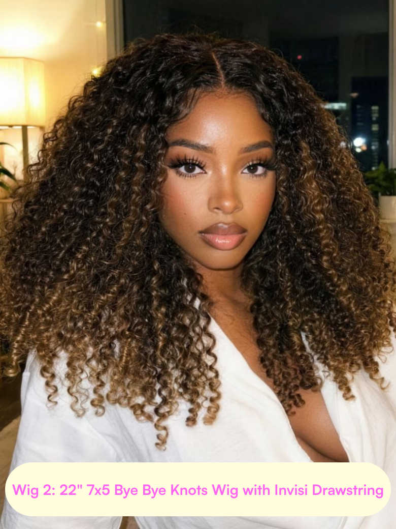 A model displays the UNice 13x4 Pre-Everything Lace Frontal Black Fluffy Natural Loose Wave Curtain Bangs, showing a model with long curly hair and a white shirt.