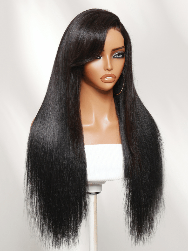 A model displays the UNice Bye Bye Slip 7x5 Lace Glueless Yaki Straight Drawstring Wig with Soft, showing a wig with long black hair on a mann and straight texture, yaki.