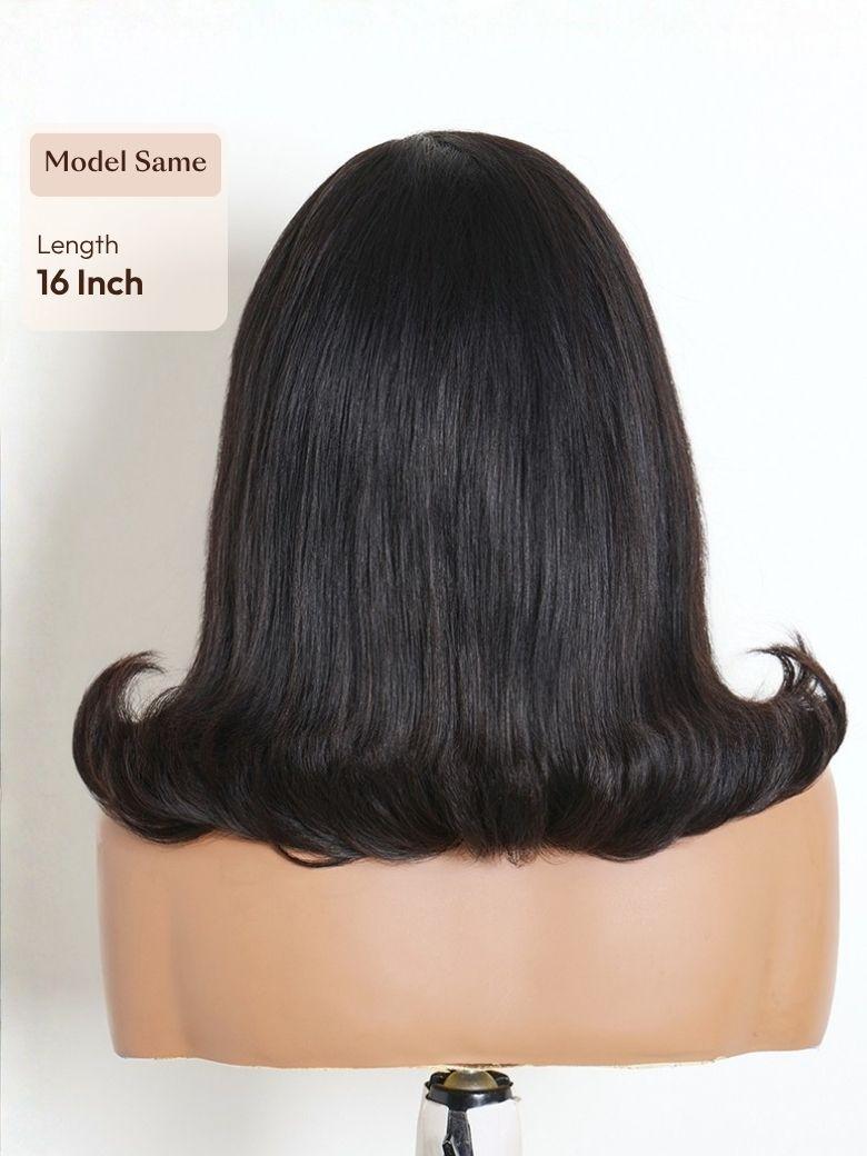 A model displays the UNice Allofdestiny Same UNice Bye Bye Slip 6x4 Glueless Lace "C" Side Part Loose wig, showing a woman wearing sunglasses and a white top and 6x4.