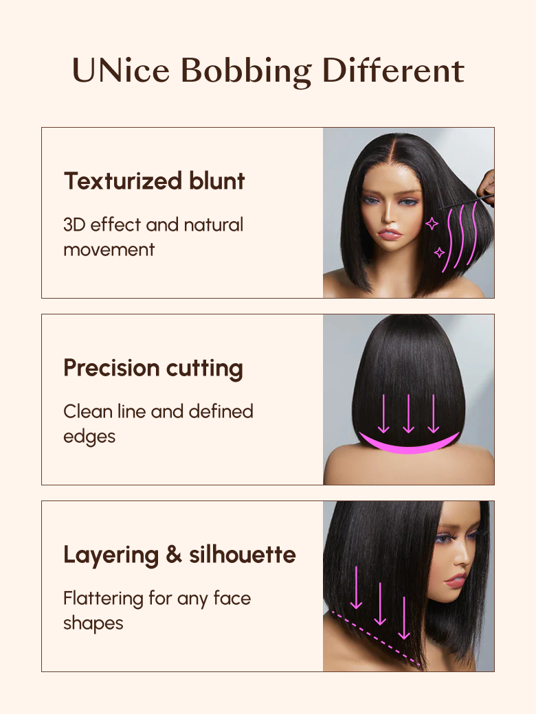 The UNice Invisi Drawstring 7x5 Put On And Go Lace Summer Style Glueless Lace Bleached wig image highlights UNice Bobbing Different, Texturizedblunt, 3Deffectandnatural.