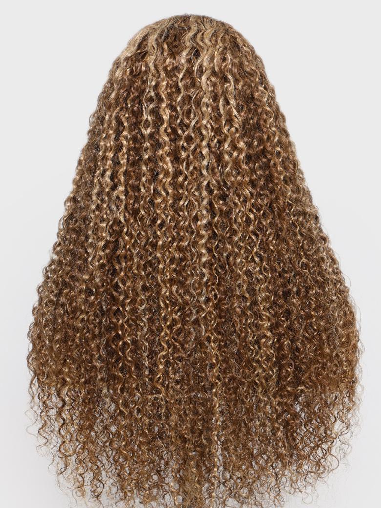 The UNice Pre-Everything 13x4 Lace Frontal Honey Blonde Highlights Jerry Curly Wig product image shows a curly wig with long curly hair and jerry curl texture, curly.