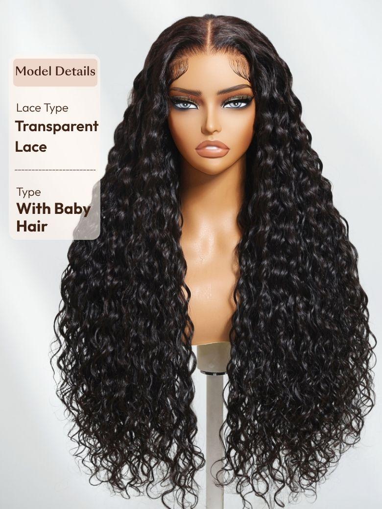 The UNice 13x4 Pre-Everything Pre-Cut HD & Transparent Lace Front Water Wave Drawstring wig image highlights Model Details, LaceType, Transparent, Lace, a wig with long.