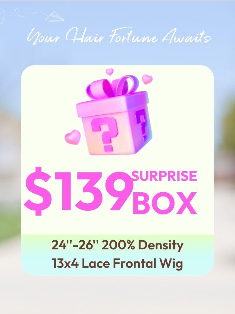 The UNICE $139 Surprise Box Get 24''-26'' 200% Density 13x4 Lace Frontal Wig Value $359-$459 image highlights Your Hair Fortune Auaits, $139BOX, SURPRISE.