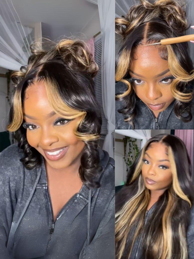 A model displays the UNice Loose Wave Butterscotch Highlights Brown Wig 150% Density Sun Kissed Color, showing a model with long hair and a grey hoodie and loose wave.