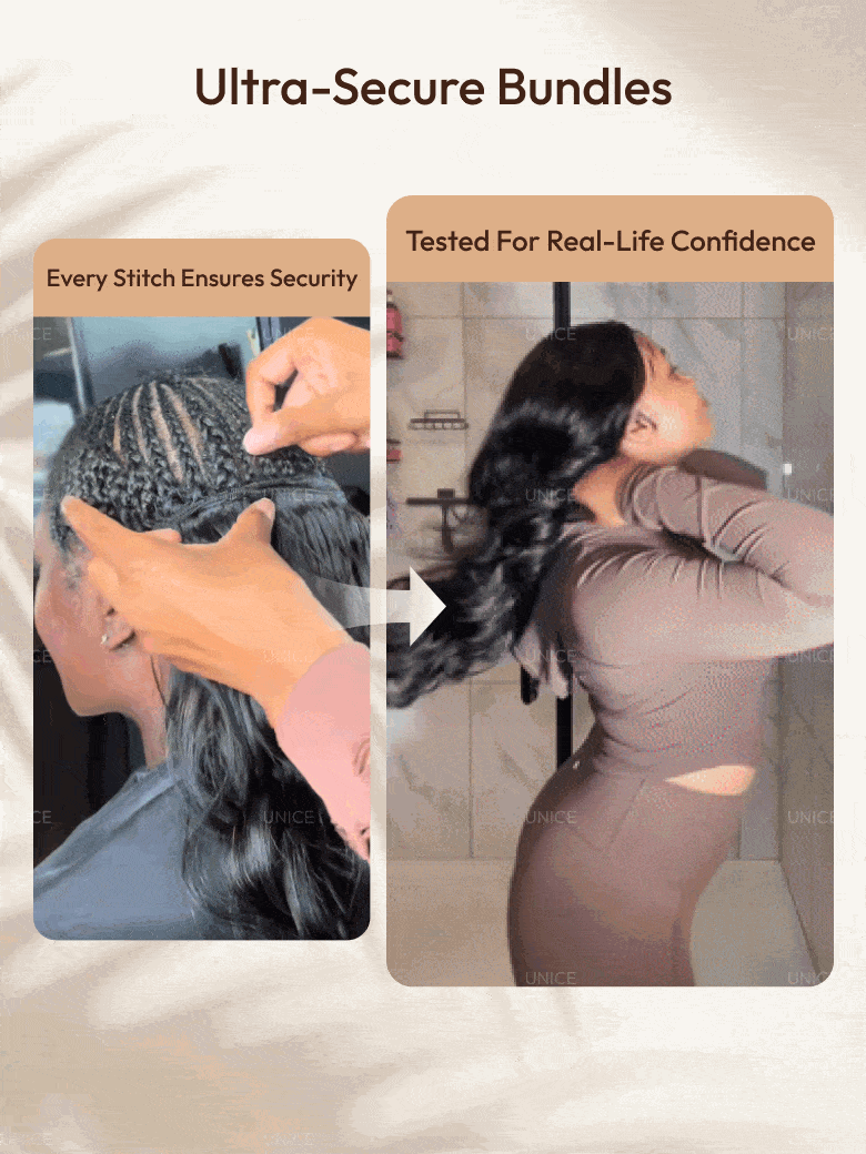 A model displays the UNice 3 Pcs Brazilian Body Wave Bundles - Full Install Ready, 100% Virgin Soft Human, showing a model is getting her hair done and body wave.