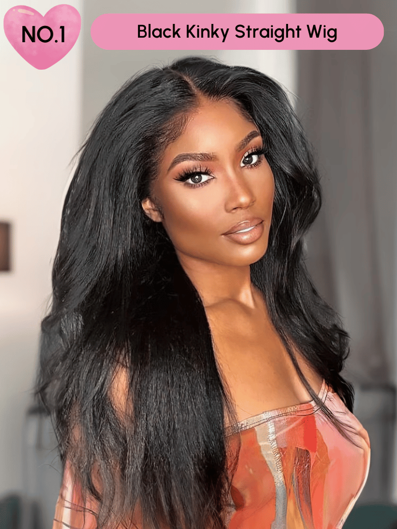 A model displays the UNice 24 Inch 180% Density 13x4 Lace Frontal Wig Last Chance Sale wig, showing a model with long black hair and a pink dress and 13x4, lace finish.