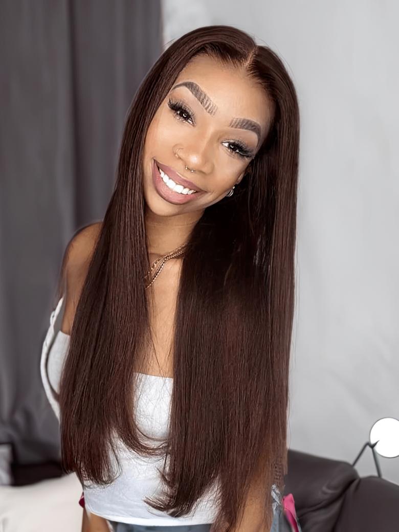 A model displays the UNice Hair Dark Brown Color Human Hair 1 Bundle #2 Color Body Wave Straight, showing a model with long brown hair and body wave texture, straight.