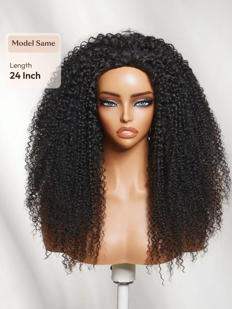 A model displays the UNice Price Drop UNice Versatile 2-in-1 Black to Brown Ombre Turn-Around Kinky Curly, showing a wig with curly hair on a mann mann and kinky curly.