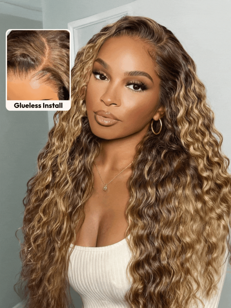 A model displays the UNice 13x4 Bye Bye Slip Lace Frontal Caramel Brown With Honey Blonde Highlights, showing a model with long curly hair and a white shirt and water.