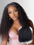 A model displays the UNice 7x5 Bye Bye Slip Glueless Lace Natural Black Curly Wig With Babyhair - Put &, showing a model with long curly hair wearing a pink dress.