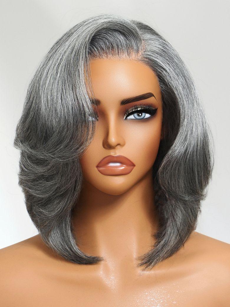 A model displays the UNice Boss-Vibe Salt and Pepper Blowout Layered Bob Glueless Wig 6.5x1.5 Side Part, showing a gray wig with grey hair and 5x1, glueless wear, lace.
