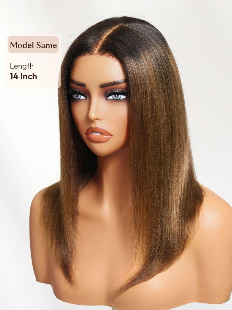 A model displays the UNice Bye Bye Slip 7x5 & 13x4 Lace Black to Chestnut Brown Ombre Yaki Bob Wig, showing a model with long hair and brown eyes and yaki texture.