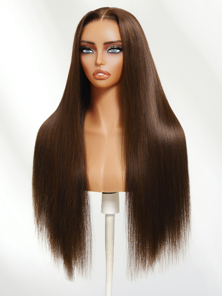 The UNice 5x5 HD Reddish Brown body wave & 4x4 Pre-Cut Lace Chocolate Brown Yaki wig product image shows a doll head with long brown hair and body wave texture, straight.