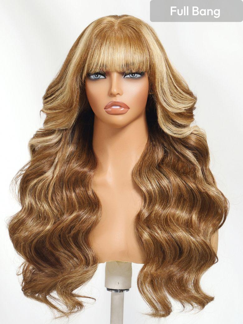 The UNice 22''-24'' UNice 13x4 Pre-Everything Lace Frontal Honey Blonde Highlights image highlights Full Bang, a wig with long blonde hair and bangs and loose wave.