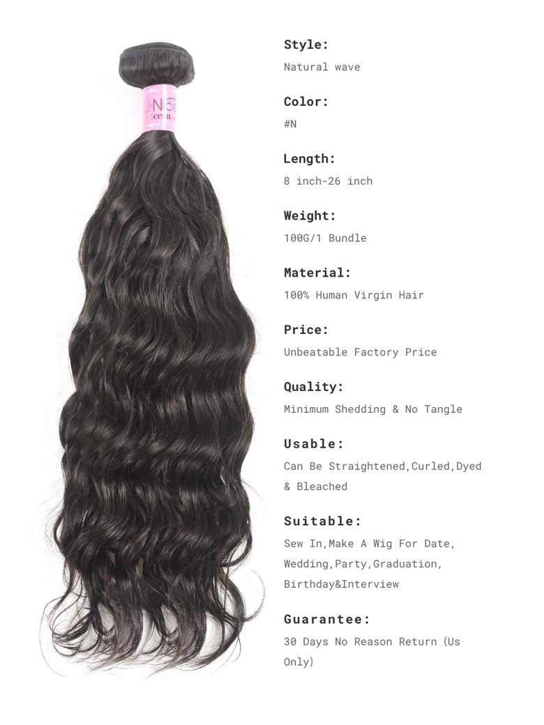 The UNice Hair Icenu Series Hair Products 1Bundle Virgin Human Hair Natural Wave image highlights Style, Natural wave, NSe, Color, virgin hair extensions.