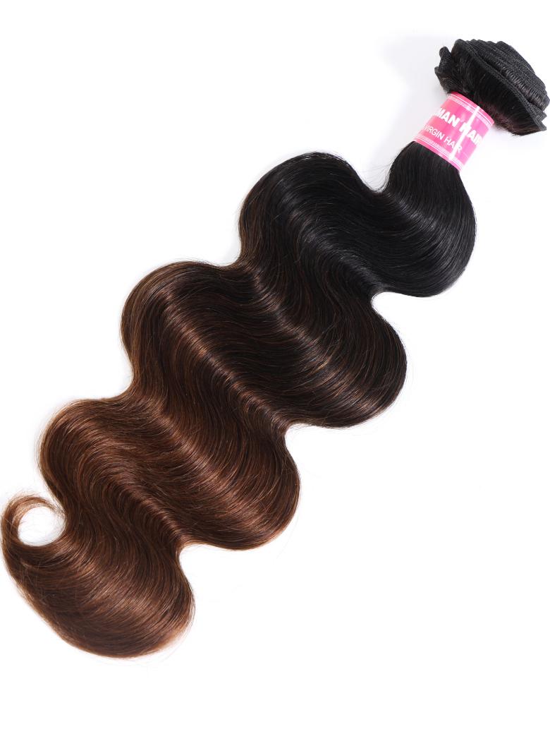 The UNice Chestnut Brown Ombre Body Wave 1 Piece Human Hair Bundle image highlights MANHAIR, RGN HAR, a hair extension with a hair clip and body wave texture, ombre.