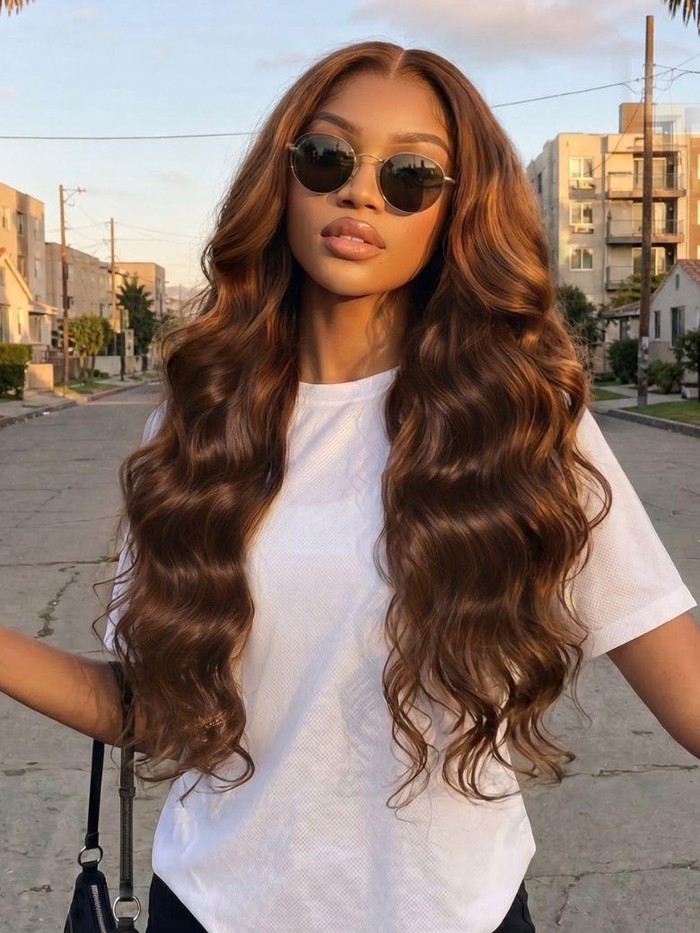 A model displays the UNice 7x5 Bye Bye Slip Lace Auburn Brown with Copper Highlights Body Wave Drawstring Wig, showing a model with long brown hair and sunglasses.