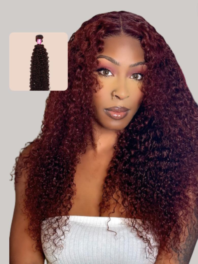 A model displays the UNice Reddish Brown Jerry Curl 1Pc 100% Remy Human Hair Bundle, showing a model with long curly hair and jerry curl texture, reddish brown.