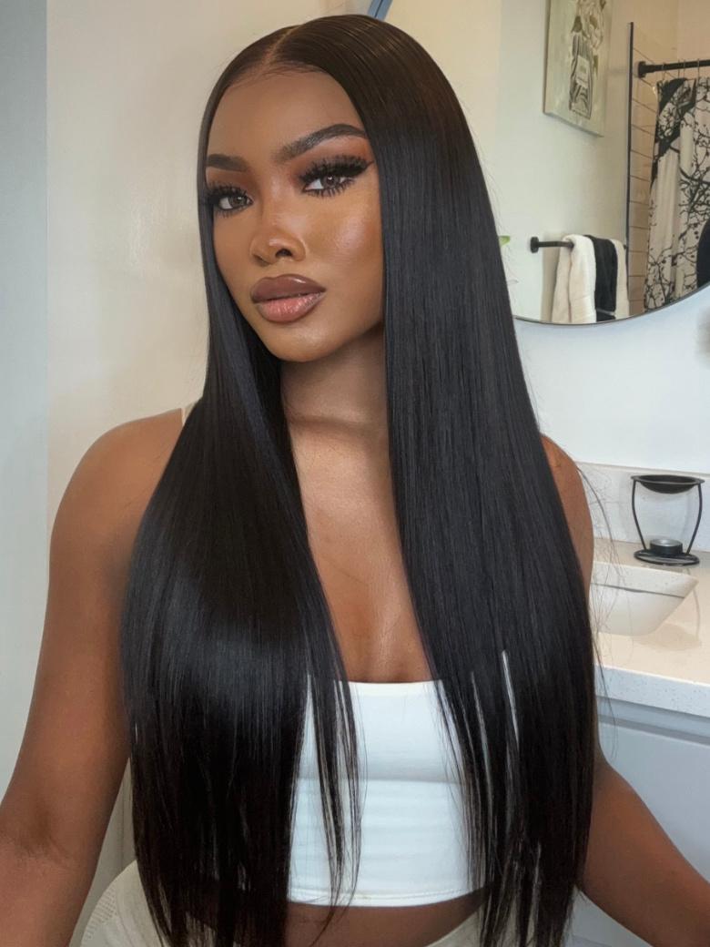 The UNice 200% Density 13x4 Transparent Lace Frontal Black Straight 7x5 Bye Bye Knots visual image position 4 shows a model with long black hair wearing a white top |.