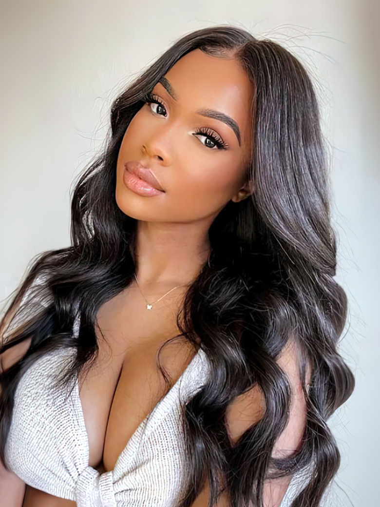 A model displays the UNice Hair 3 Bundles Malaysian Body Wave Virgin Hair, showing a model with long hair and a white top and body wave texture, bundle fullness.