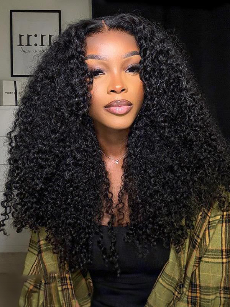 A model displays the UNice 200% Density 13x4 Larger Lace Frontal Curly Hair wig Pre Plucked Human Hair, showing a model with long curly hair wearing a green jacket.