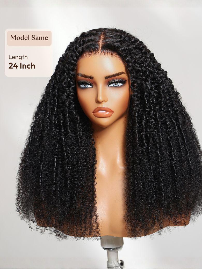 A model displays the UNice 7x5 Bye Bye Knots Glueless Lace Middle Part Micro Twist Curly Drawstring Wig, showing a wig with curly hair on a mann and curly texture.