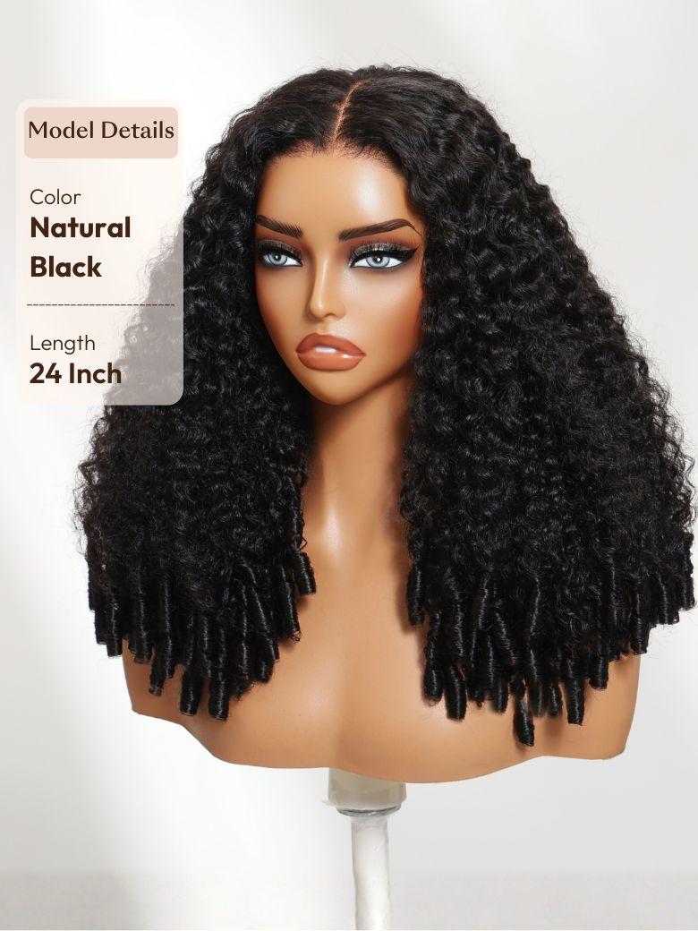 A model displays the UNice 7x5 Bye Bye Slip Glueless Lace Natural Black Curly Wig With Babyhair - Put &, showing a model with long curly hair and a black wig and curly.