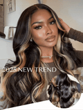 The UNice Loose Wave Butterscotch Highlights Brown Wig 150% Density Sun Kissed Color visual image position 4 shows a model with long hair and a dog | visible text:.
