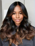 The UNice 18 Inch 13x4 Pre-Everything Autumn Black to Cappuccino Ombre Loose Wave Wig visual image position 3 shows a model with long wavy hair wearing a black top |.
