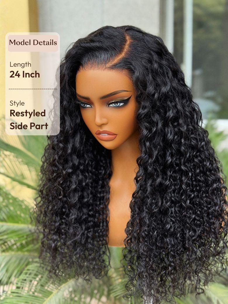 A model displays the UNice 7x5 Bye Bye Knots & 13x4 Pre-Everything Lace Frontal Natural Black & Golden, showing a model with long curly hair and a black wig and water.