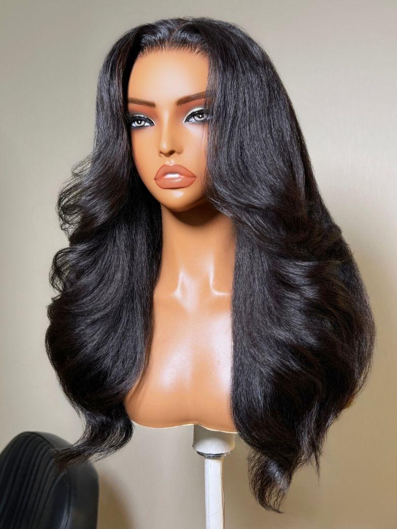 The UNice Bye Bye Slip 7x5 Lace Glueless Kinky Straight Blowout Wig with Soft Layers visual image position 3 shows a wig with long hair on a mann | kinky straight.