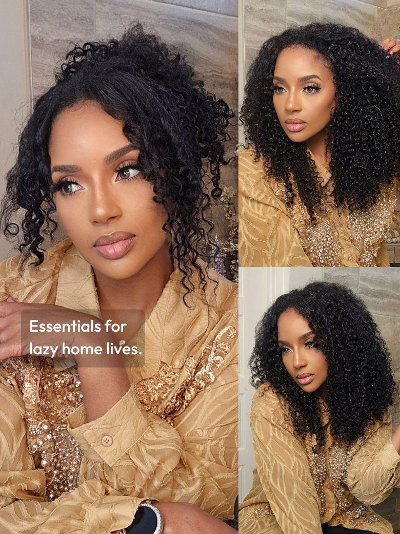 A model displays the UNice EasiContour V Part Minimal Glueless Curly Glueless Wig Invisi Drawstring Human, showing a model with curly hair and a gold blouse and curly.
