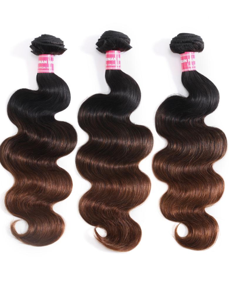 The UNice Chestnut Brown Ombre 3 Pcs Body Wave Human Hair Bundles image highlights MAN, 3 bundles brazilian body wave hair extensions and body wave texture, ombre.