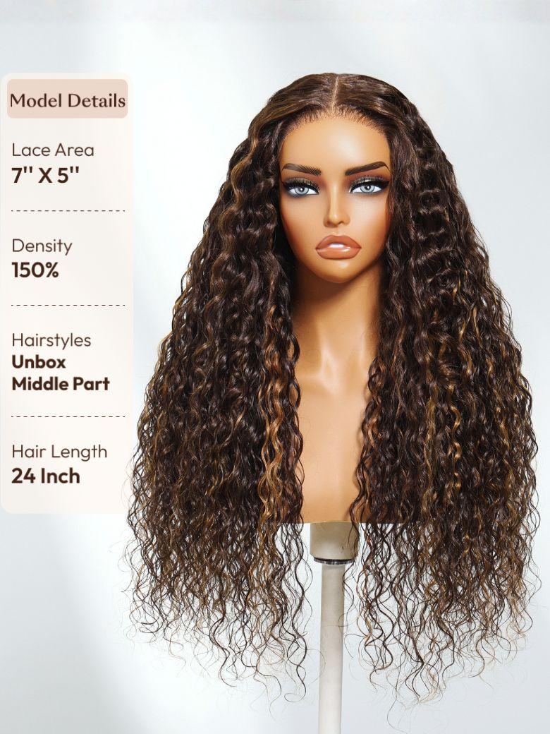 The UNice Invisi Drawstring " Bye Bye Knots 7x5 Lace Dark Toffee Brown with Auburn wig image highlights Model Details, LaceArea, 7"X5", Density, a wig with long curly.