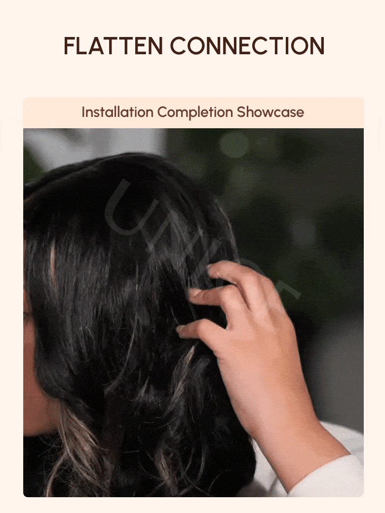 A model displays the UNice Magic Lace Wig Black to Chestnut Brown Ombre Body Wave With Optional 7x5, showing a model is straightening her hair with a brush and body wave.