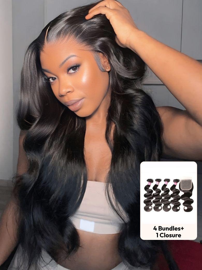 A model displays the UNice 4Pcs Brazilian Hair Body Wave Bundles With Transparent Lace Closure, showing a model with long hair wearing a grey top and white bra and body.