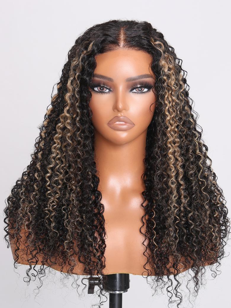 The UNice 180% Density Pre-Cut 6x4.5 Glueless Lace Honey Brown Highlights Jerry Curly wig product image shows a wig with curly hair on a mann and jerry curl texture.