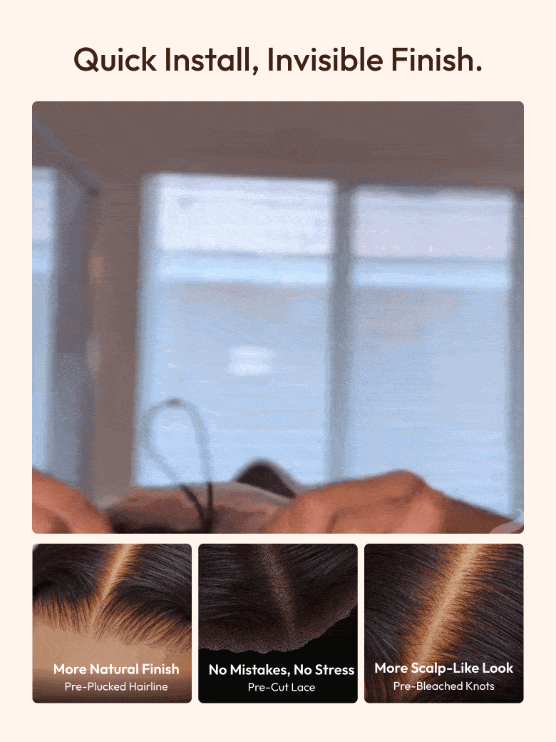 A model displays the UNice 13x4 HD Lace Bye Bye Slip Body Wave Wig - Human Hair Glueless Pull & Go Fit, showing a picture of a horse with a capt and body wave texture.