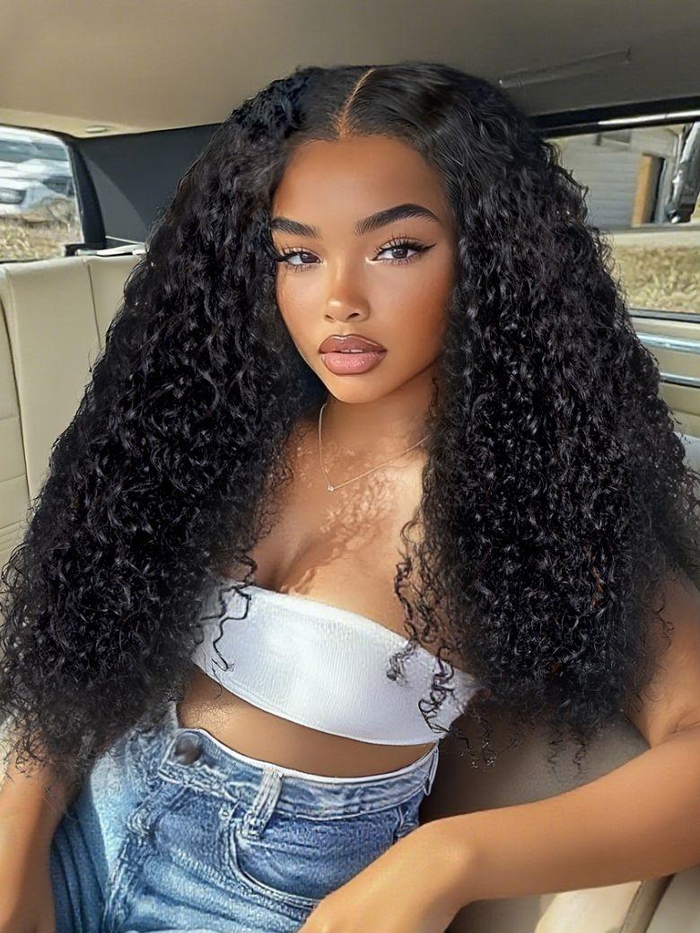 A model displays the UNice InvisiBlend V Part Bouncy Water Wave Curly Seamless Blending Wig With, showing a woman sitting in the back seat of a car and water wave.