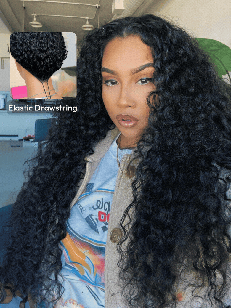 A model displays the UNice Byebye Knots Wig 7x5 Pre Cut Lace Water Wave Flexible Cap Size Drawstring Wig, showing a model with long black hair and water wave texture.